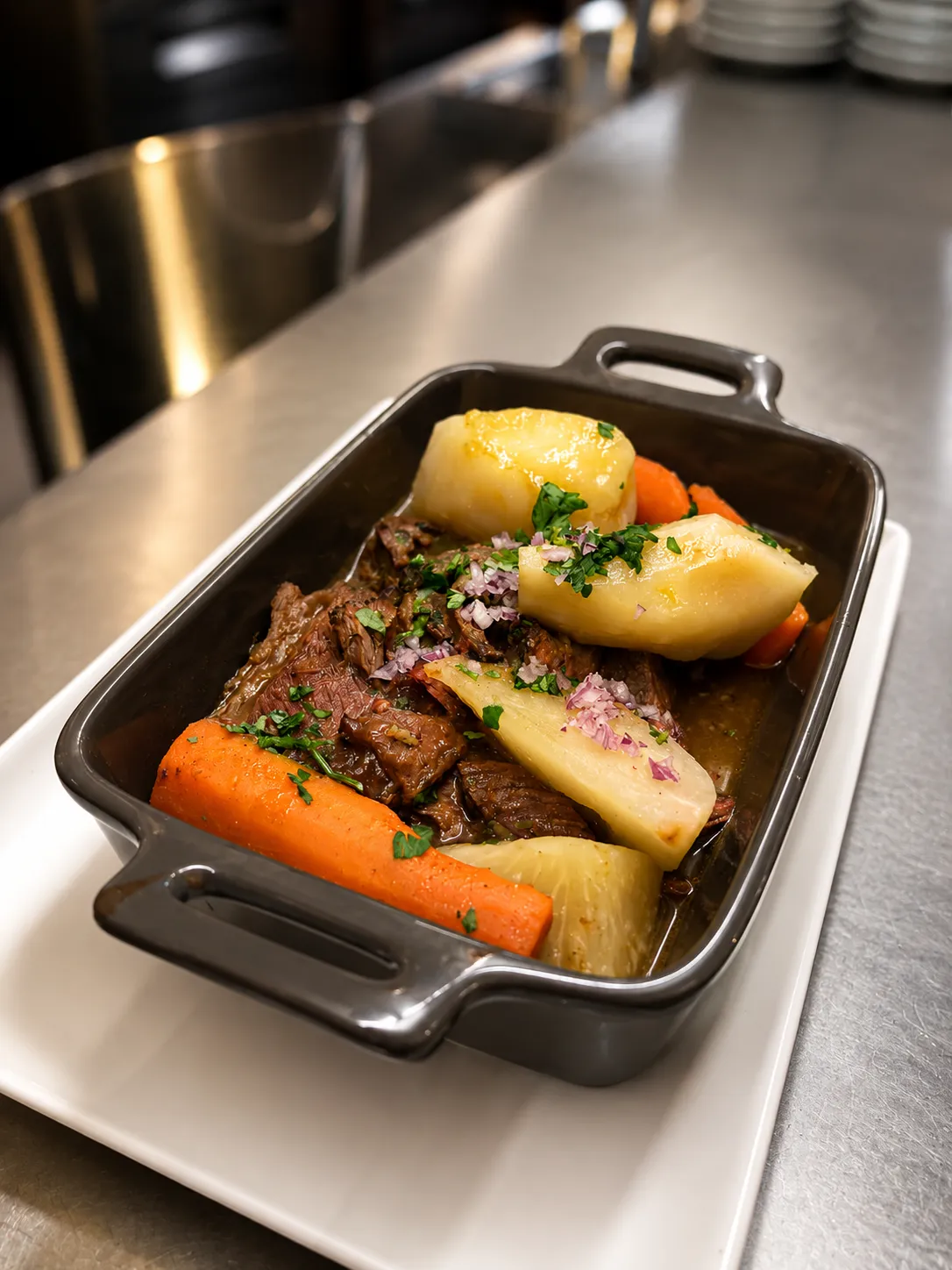 Fondant de bœuf cuit longuement, ses légumes du marché